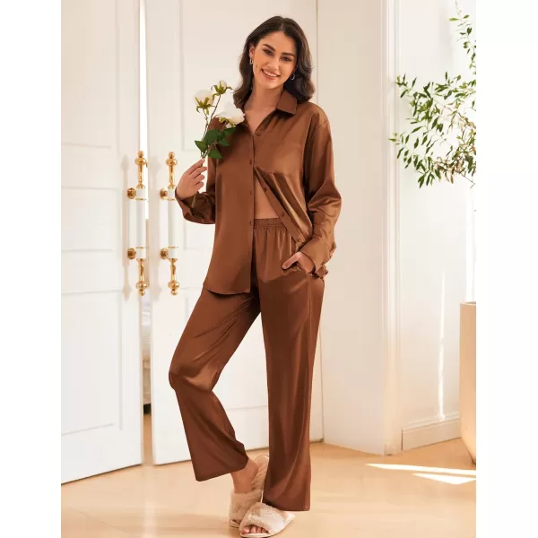 Ekouaer Womens 2 Piece Silk Satin Pajama Set Long Sleeve Lounge Sets Button Down Shirts and Pants PJs Soft Sleepwear SetsClay