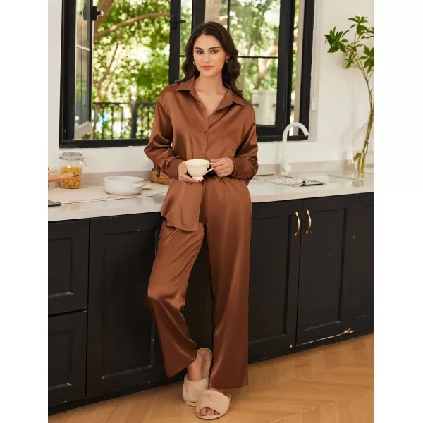 Ekouaer Womens 2 Piece Silk Satin Pajama Set Long Sleeve Lounge Sets Button Down Shirts and Pants PJs Soft Sleepwear SetsClay