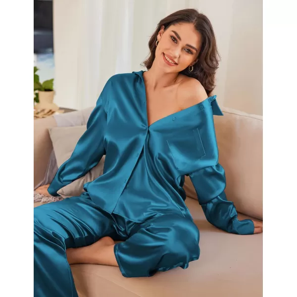 Ekouaer Womens 2 Piece Silk Satin Pajama Set Long Sleeve Lounge Sets Button Down Shirts and Pants PJs Soft Sleepwear SetsDark Blue