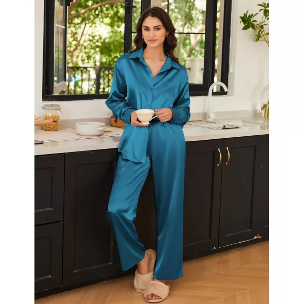 Ekouaer Womens 2 Piece Silk Satin Pajama Set Long Sleeve Lounge Sets Button Down Shirts and Pants PJs Soft Sleepwear SetsDark Blue