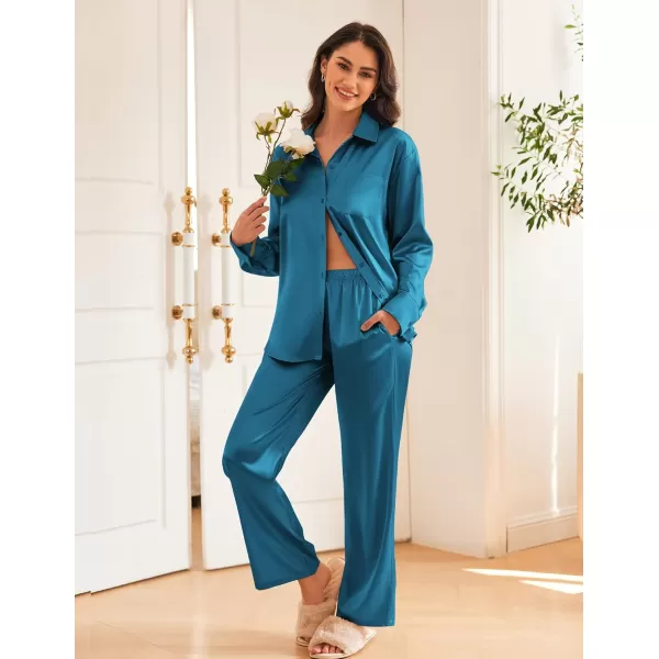 Ekouaer Womens 2 Piece Silk Satin Pajama Set Long Sleeve Lounge Sets Button Down Shirts and Pants PJs Soft Sleepwear SetsDark Blue