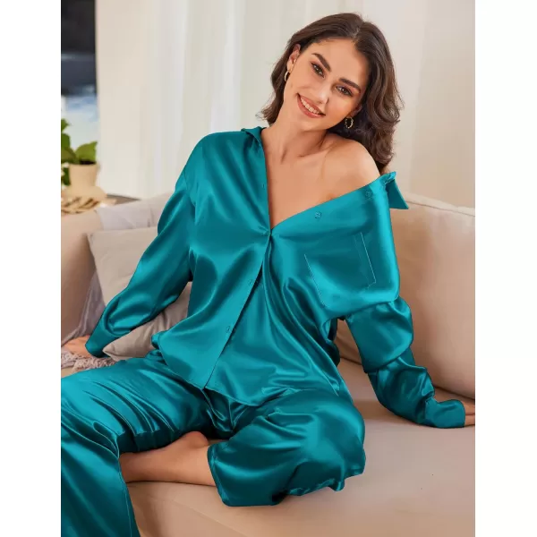 Ekouaer Womens 2 Piece Silk Satin Pajama Set Long Sleeve Lounge Sets Button Down Shirts and Pants PJs Soft Sleepwear SetsDark Peacock Blue