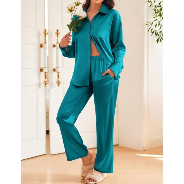 Ekouaer Womens 2 Piece Silk Satin Pajama Set Long Sleeve Lounge Sets Button Down Shirts and Pants PJs Soft Sleepwear SetsDark Peacock Blue