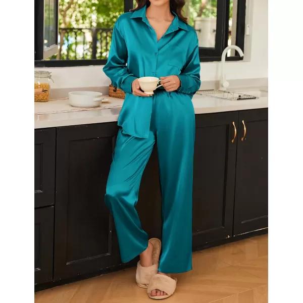 Ekouaer Womens 2 Piece Silk Satin Pajama Set Long Sleeve Lounge Sets Button Down Shirts and Pants PJs Soft Sleepwear SetsDark Peacock Blue