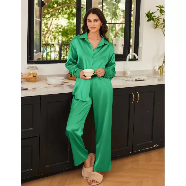 Ekouaer Womens 2 Piece Silk Satin Pajama Set Long Sleeve Lounge Sets Button Down Shirts and Pants PJs Soft Sleepwear SetsGreen