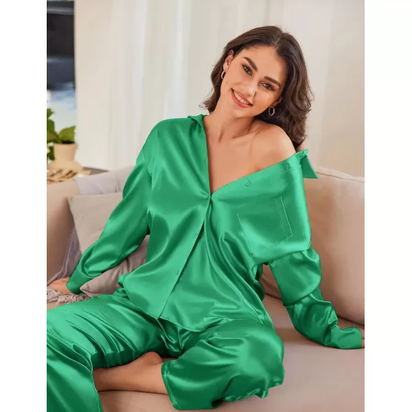 Ekouaer Womens 2 Piece Silk Satin Pajama Set Long Sleeve Lounge Sets Button Down Shirts and Pants PJs Soft Sleepwear SetsGreen