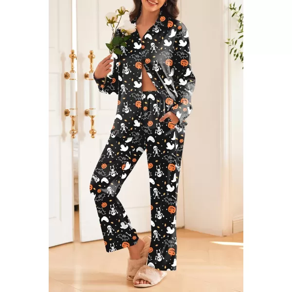 Ekouaer Womens 2 Piece Silk Satin Pajama Set Long Sleeve Lounge Sets Button Down Shirts and Pants PJs Soft Sleepwear SetsHalloween Print