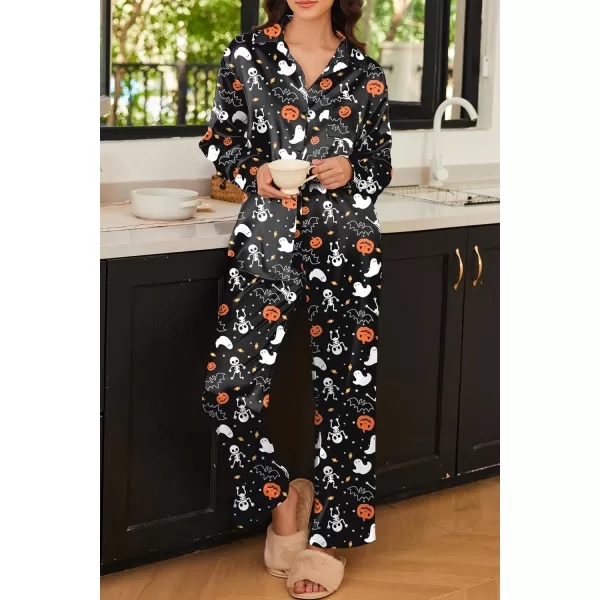 Ekouaer Womens 2 Piece Silk Satin Pajama Set Long Sleeve Lounge Sets Button Down Shirts and Pants PJs Soft Sleepwear SetsHalloween Print