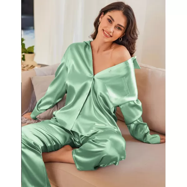 Ekouaer Womens 2 Piece Silk Satin Pajama Set Long Sleeve Lounge Sets Button Down Shirts and Pants PJs Soft Sleepwear SetsIce Green