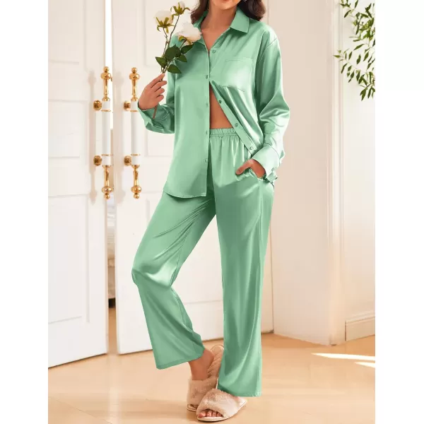 Ekouaer Womens 2 Piece Silk Satin Pajama Set Long Sleeve Lounge Sets Button Down Shirts and Pants PJs Soft Sleepwear SetsIce Green