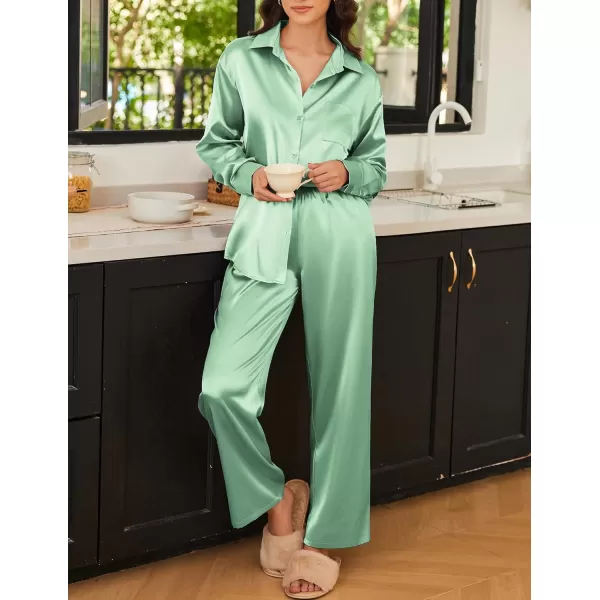 Ekouaer Womens 2 Piece Silk Satin Pajama Set Long Sleeve Lounge Sets Button Down Shirts and Pants PJs Soft Sleepwear SetsIce Green