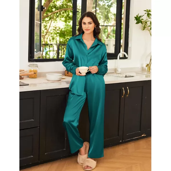 Ekouaer Womens 2 Piece Silk Satin Pajama Set Long Sleeve Lounge Sets Button Down Shirts and Pants PJs Soft Sleepwear SetsLake Green