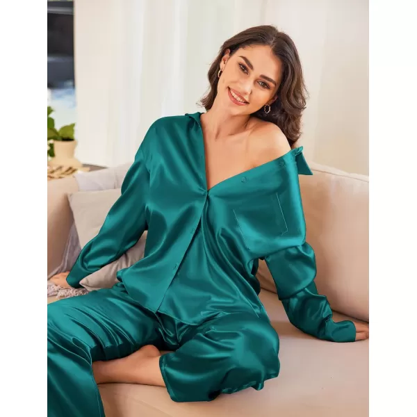 Ekouaer Womens 2 Piece Silk Satin Pajama Set Long Sleeve Lounge Sets Button Down Shirts and Pants PJs Soft Sleepwear SetsLake Green