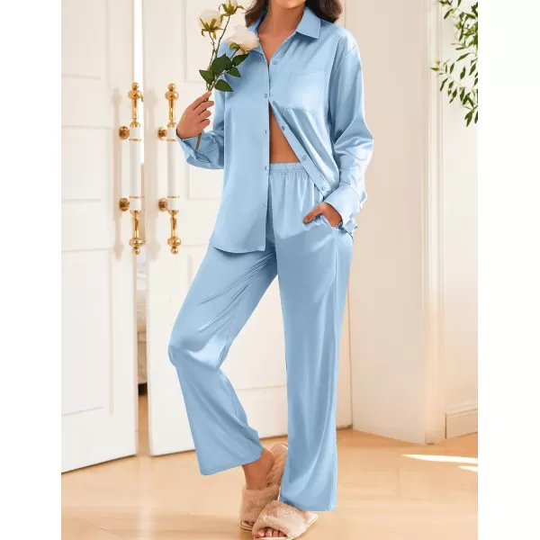 Ekouaer Womens 2 Piece Silk Satin Pajama Set Long Sleeve Lounge Sets Button Down Shirts and Pants PJs Soft Sleepwear SetsLight Blue