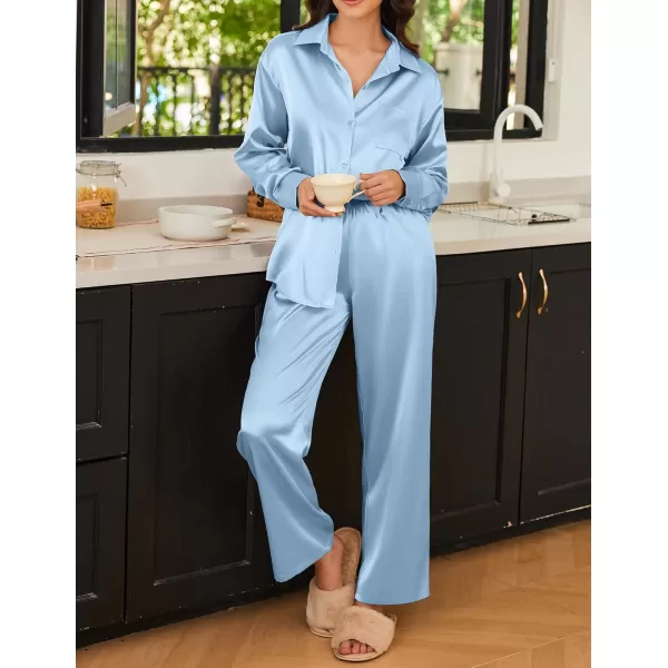 Ekouaer Womens 2 Piece Silk Satin Pajama Set Long Sleeve Lounge Sets Button Down Shirts and Pants PJs Soft Sleepwear SetsLight Blue