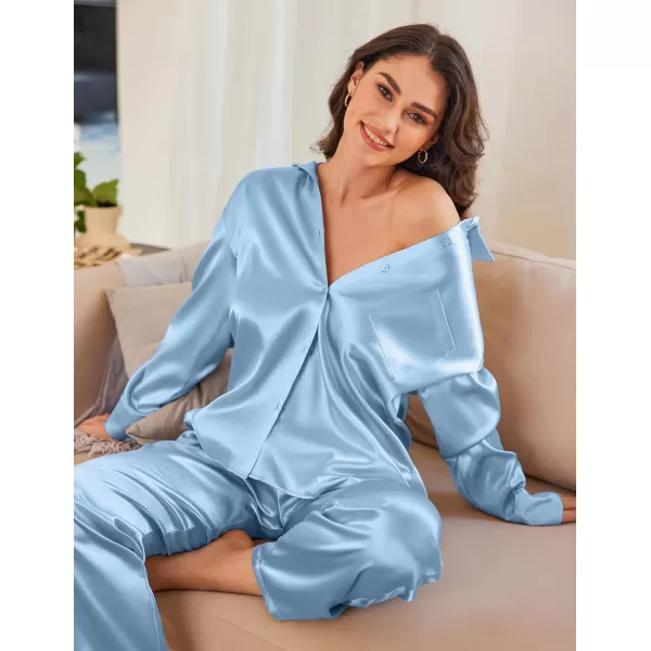 Ekouaer Womens 2 Piece Silk Satin Pajama Set Long Sleeve Lounge Sets Button Down Shirts and Pants PJs Soft Sleepwear SetsLight Blue