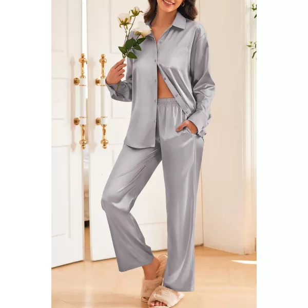 Ekouaer Womens 2 Piece Silk Satin Pajama Set Long Sleeve Lounge Sets Button Down Shirts and Pants PJs Soft Sleepwear SetsLight Grey