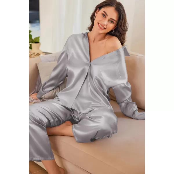 Ekouaer Womens 2 Piece Silk Satin Pajama Set Long Sleeve Lounge Sets Button Down Shirts and Pants PJs Soft Sleepwear SetsLight Grey