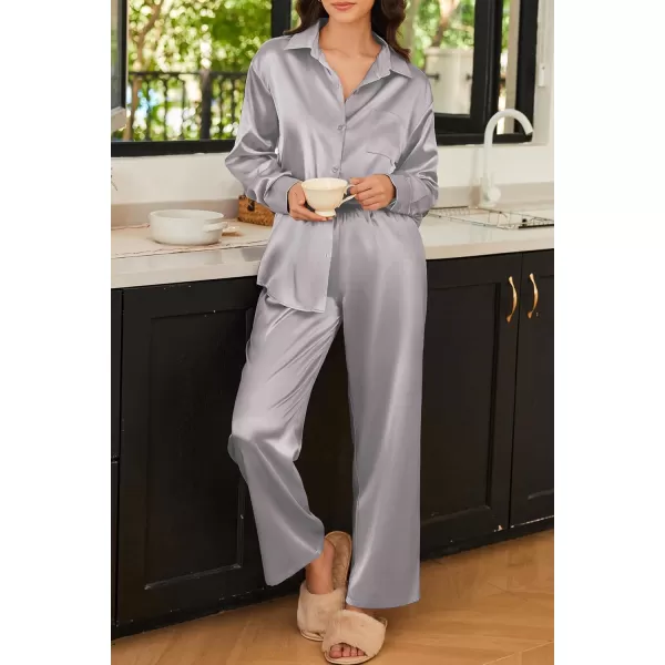 Ekouaer Womens 2 Piece Silk Satin Pajama Set Long Sleeve Lounge Sets Button Down Shirts and Pants PJs Soft Sleepwear SetsLight Grey