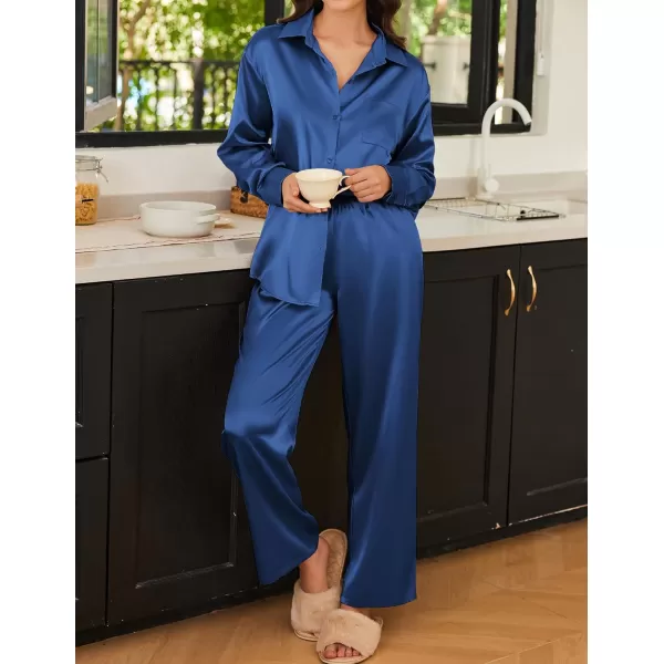 Ekouaer Womens 2 Piece Silk Satin Pajama Set Long Sleeve Lounge Sets Button Down Shirts and Pants PJs Soft Sleepwear SetsNavy Blue