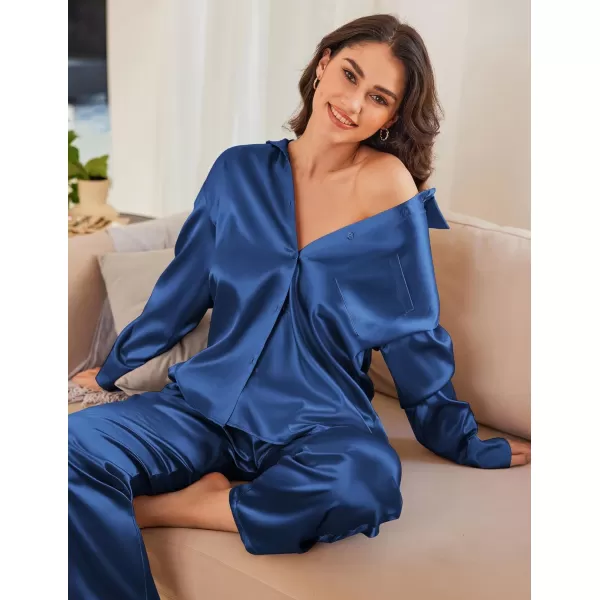 Ekouaer Womens 2 Piece Silk Satin Pajama Set Long Sleeve Lounge Sets Button Down Shirts and Pants PJs Soft Sleepwear SetsNavy Blue