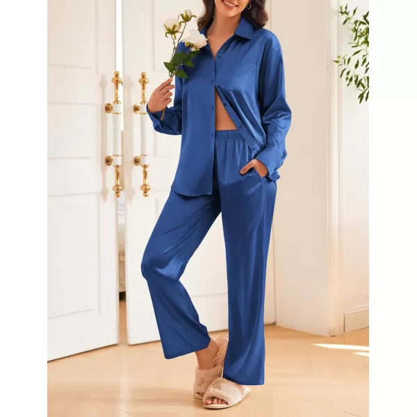 Ekouaer Womens 2 Piece Silk Satin Pajama Set Long Sleeve Lounge Sets Button Down Shirts and Pants PJs Soft Sleepwear SetsNavy Blue