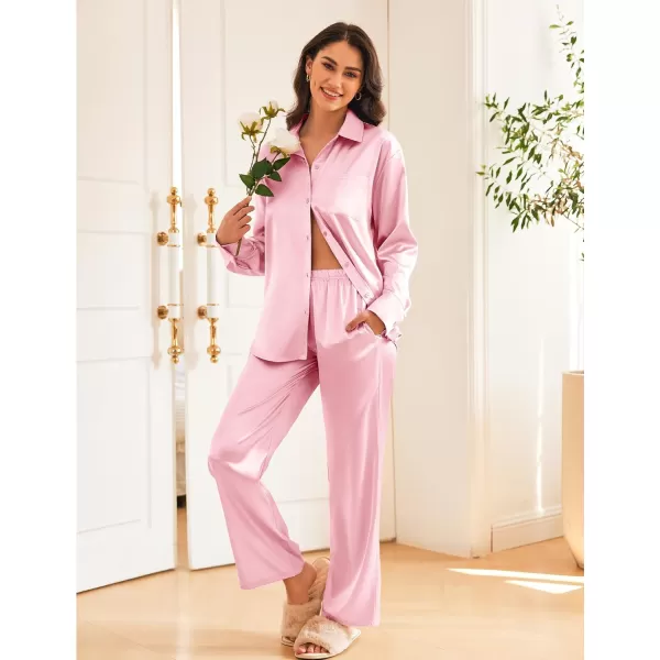 Ekouaer Womens 2 Piece Silk Satin Pajama Set Long Sleeve Lounge Sets Button Down Shirts and Pants PJs Soft Sleepwear SetsPink