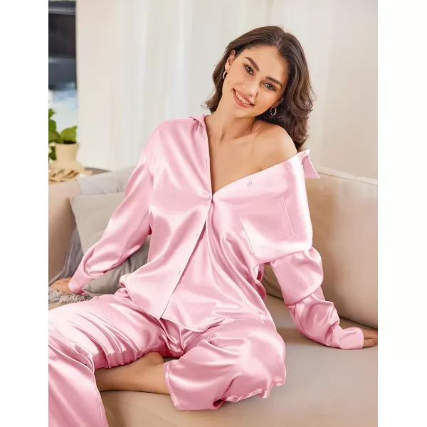 Ekouaer Womens 2 Piece Silk Satin Pajama Set Long Sleeve Lounge Sets Button Down Shirts and Pants PJs Soft Sleepwear SetsPink