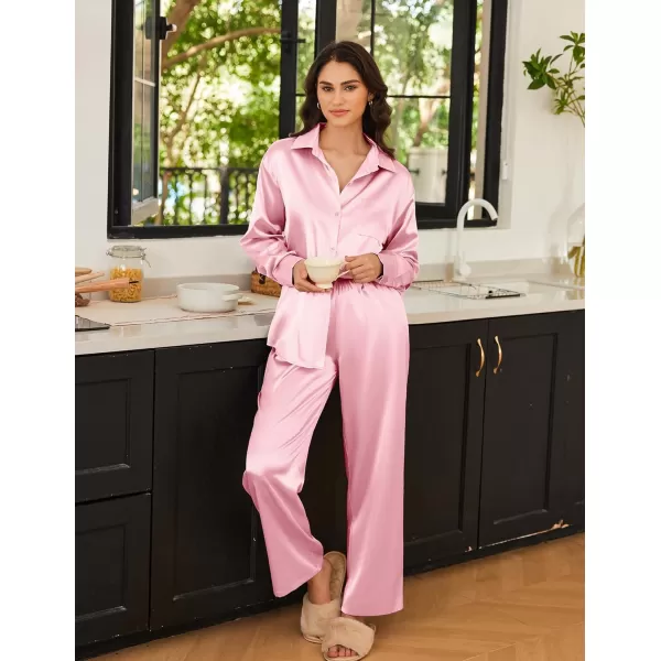 Ekouaer Womens 2 Piece Silk Satin Pajama Set Long Sleeve Lounge Sets Button Down Shirts and Pants PJs Soft Sleepwear SetsPink