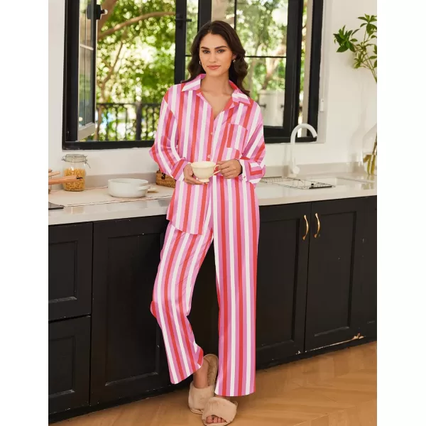 Ekouaer Womens 2 Piece Silk Satin Pajama Set Long Sleeve Lounge Sets Button Down Shirts and Pants PJs Soft Sleepwear SetsPink Yellow Stripes