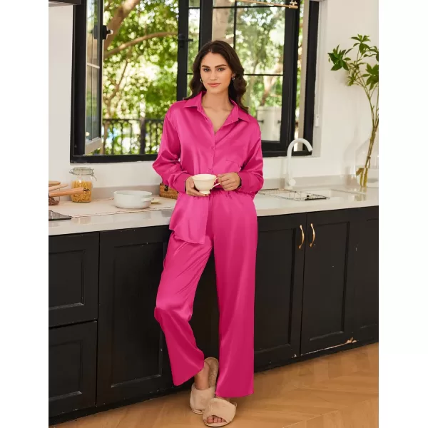 Ekouaer Womens 2 Piece Silk Satin Pajama Set Long Sleeve Lounge Sets Button Down Shirts and Pants PJs Soft Sleepwear SetsRose Red