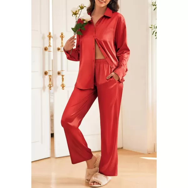 Ekouaer Womens 2 Piece Silk Satin Pajama Set Long Sleeve Lounge Sets Button Down Shirts and Pants PJs Soft Sleepwear SetsTrue Red