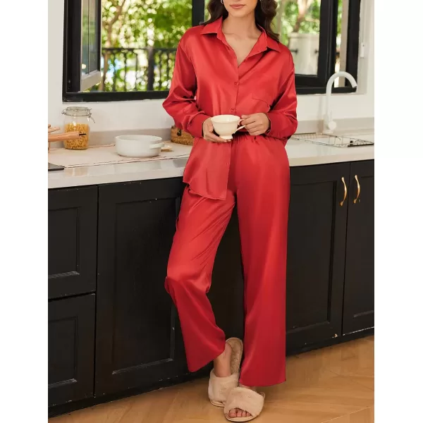 Ekouaer Womens 2 Piece Silk Satin Pajama Set Long Sleeve Lounge Sets Button Down Shirts and Pants PJs Soft Sleepwear SetsTrue Red