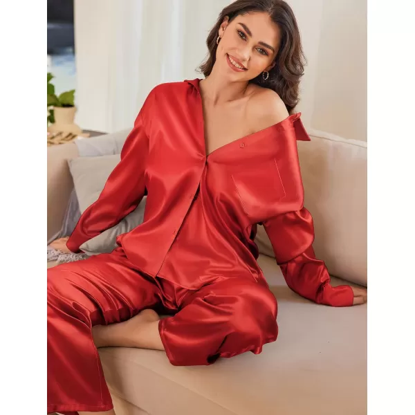 Ekouaer Womens 2 Piece Silk Satin Pajama Set Long Sleeve Lounge Sets Button Down Shirts and Pants PJs Soft Sleepwear SetsTrue Red