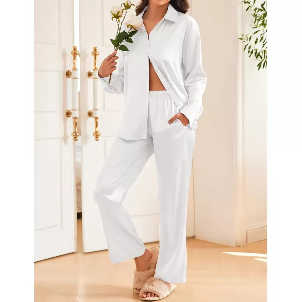 Ekouaer Womens 2 Piece Silk Satin Pajama Set Long Sleeve Lounge Sets Button Down Shirts and Pants PJs Soft Sleepwear SetsWhite