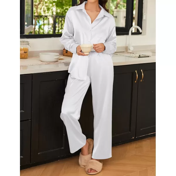 Ekouaer Womens 2 Piece Silk Satin Pajama Set Long Sleeve Lounge Sets Button Down Shirts and Pants PJs Soft Sleepwear SetsWhite