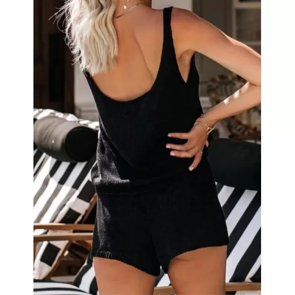 Ekouaer Womens 2023 Fashion Knit Pajama Set 2 Piece Outfits VNeck Sleeveless Tank Top and Drawstring Shorts Lounge Set01 Black