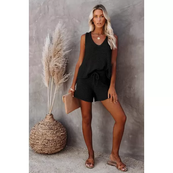 Ekouaer Womens 2023 Fashion Knit Pajama Set 2 Piece Outfits VNeck Sleeveless Tank Top and Drawstring Shorts Lounge Set01 Black