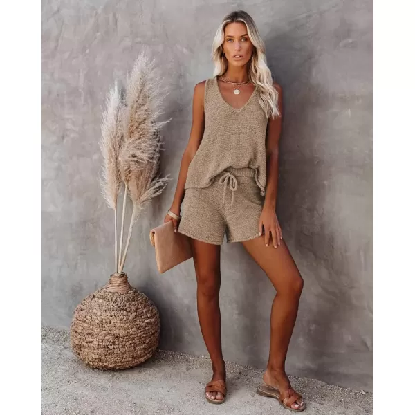 Ekouaer Womens 2023 Fashion Knit Pajama Set 2 Piece Outfits VNeck Sleeveless Tank Top and Drawstring Shorts Lounge Set01 Khaki