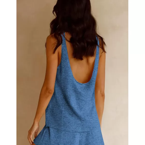 Ekouaer Womens 2023 Fashion Knit Pajama Set 2 Piece Outfits VNeck Sleeveless Tank Top and Drawstring Shorts Lounge Set01 Light Blue