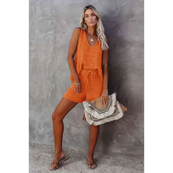 Ekouaer Womens 2023 Fashion Knit Pajama Set 2 Piece Outfits VNeck Sleeveless Tank Top and Drawstring Shorts Lounge Set01 Orange