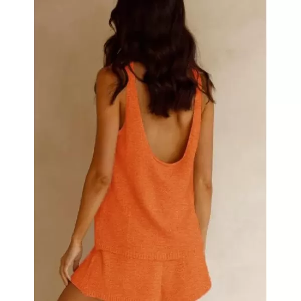 Ekouaer Womens 2023 Fashion Knit Pajama Set 2 Piece Outfits VNeck Sleeveless Tank Top and Drawstring Shorts Lounge Set01 Orange