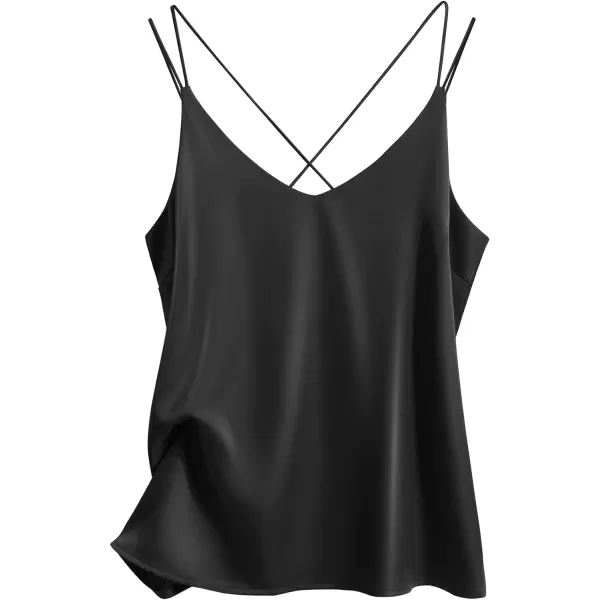 Ekouaer Womens 2Pack Silk Satin Camisole Tank Top V Neck Sexy Cross Back Spaghetti Strap Cami Sleeveless Lounge Tops1 Pack Black