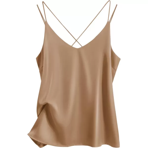 Ekouaer Womens 2Pack Silk Satin Camisole Tank Top V Neck Sexy Cross Back Spaghetti Strap Cami Sleeveless Lounge Tops1 Pack Khaki