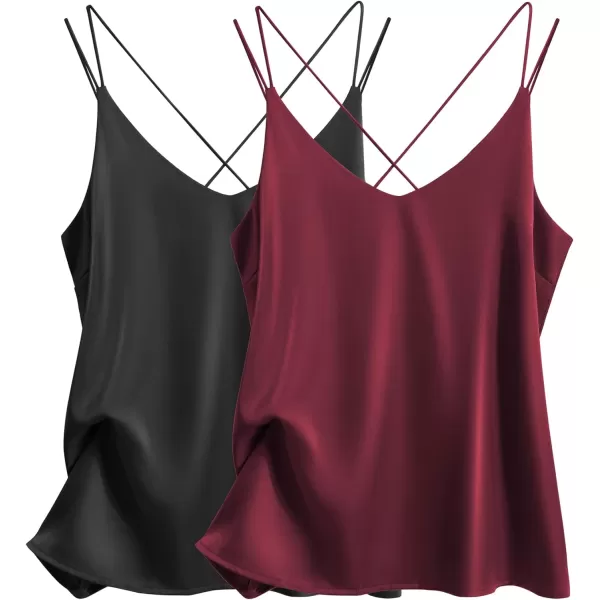 Ekouaer Womens 2Pack Silk Satin Camisole Tank Top V Neck Sexy Cross Back Spaghetti Strap Cami Sleeveless Lounge Tops2 Pack Blackwine Red