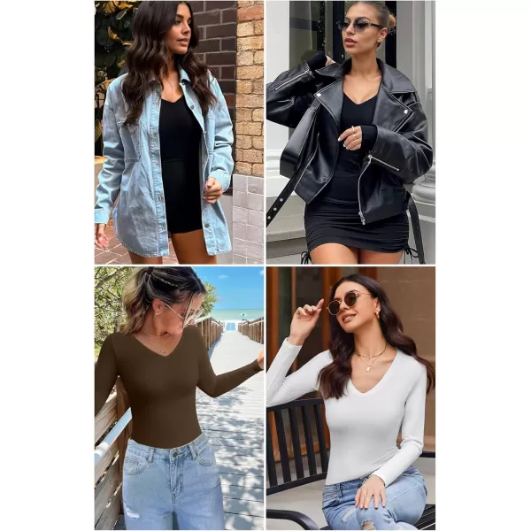 Ekouaer Womens 3 Pack Long Sleeve Shirts V Neck Slim Fit Lightweight Layer Tops 2024 Fall Clothes Thermal UndershirtsBlackBeigeBrown