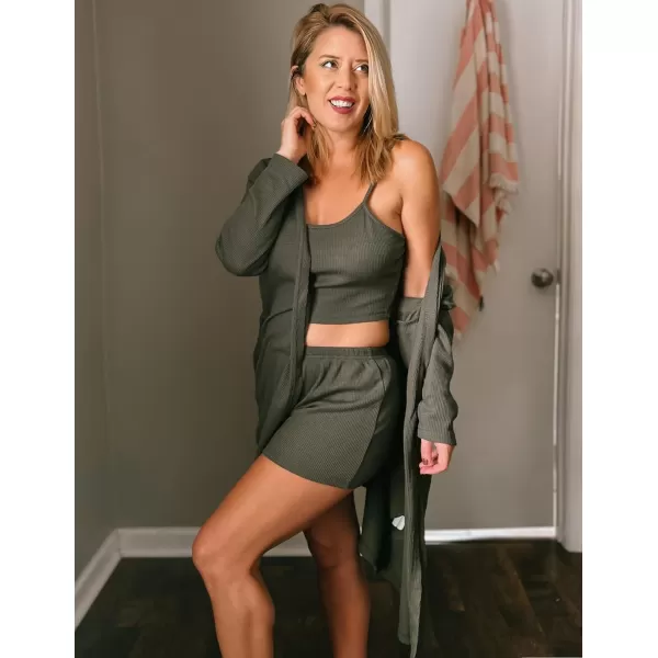 Ekouaer Womens 3 Piece Waffle Knit Lounge Set Soft Pajama Sets Tank Top and Shorts Loungewear Long Cardigan with pocket SXXLArmy Green