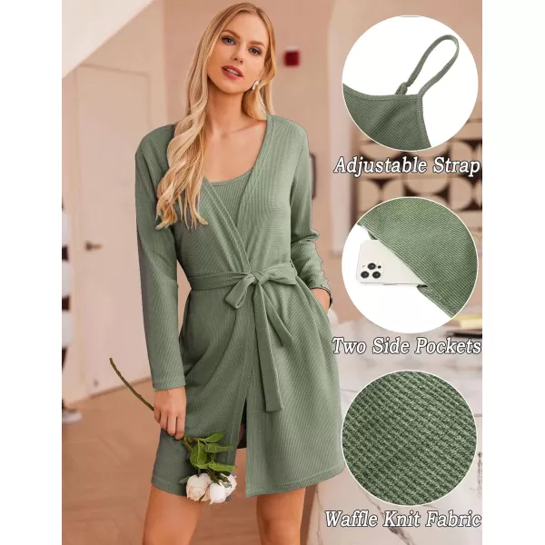 Ekouaer Womens 3 Piece Waffle Knit Lounge Set Soft Pajama Sets Tank Top and Shorts Loungewear Long Cardigan with pocket SXXLArmy Green