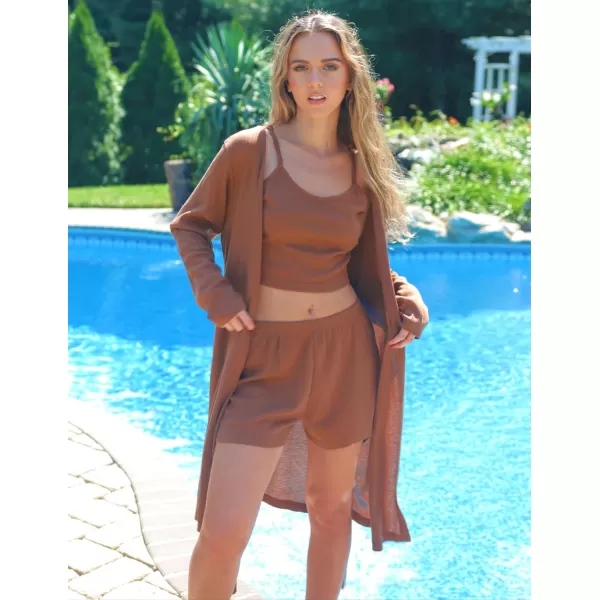 Ekouaer Womens 3 Piece Waffle Knit Lounge Set Soft Pajama Sets Tank Top and Shorts Loungewear Long Cardigan with pocket SXXLBrown