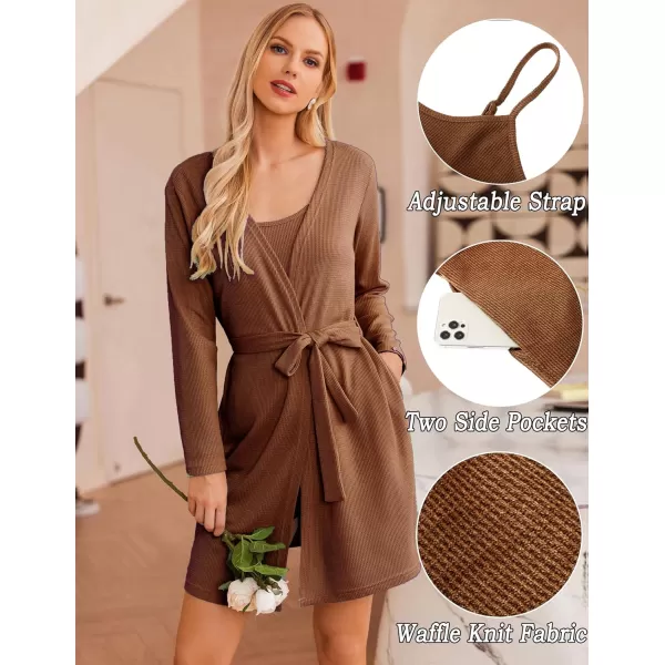Ekouaer Womens 3 Piece Waffle Knit Lounge Set Soft Pajama Sets Tank Top and Shorts Loungewear Long Cardigan with pocket SXXLBrown